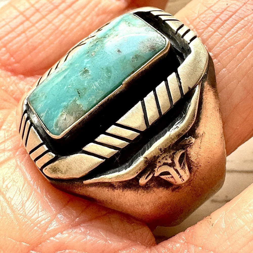 Navajo Longhorn Turquoise Mens Ring Sz 10.5 Sterling Unsigned David Lopez Native